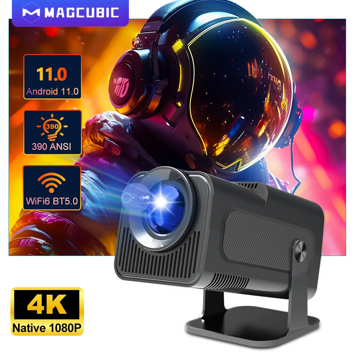 4K Android 11 Projector with Native 1080P Resolution, 390 ANSI Lumens, Dual WiFi 6, Bluetooth 5.0, and Upgraded HY300 Model