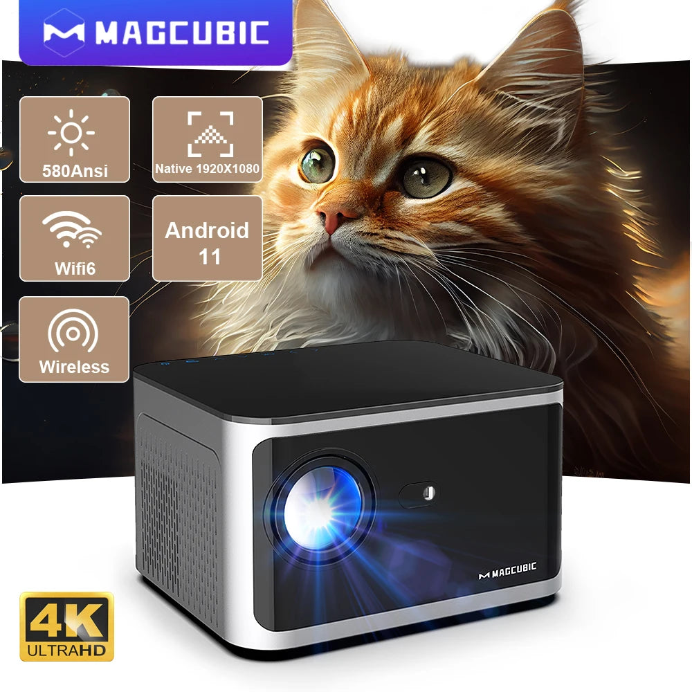 4K Smart Projector - Android 11, 580 ANSI Lumens, 1920x1080P Full HD, Wi-Fi 6, Bluetooth 5.0, Allwinner H713, Voice Control for Home Theater